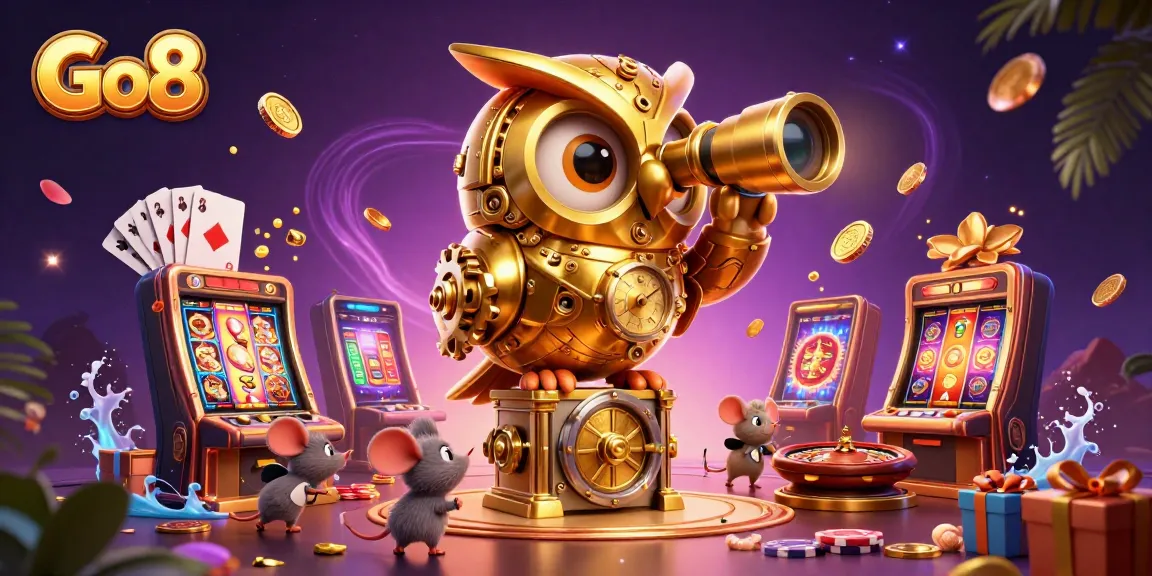 Experience thrilling games at Go8 with a clockwork owl overseeing a bustling casino scene filled with excitement.
