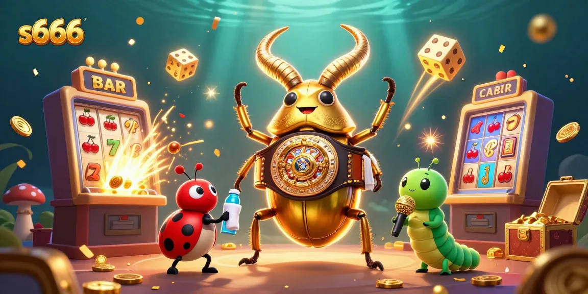 Experience dynamic gaming excitement with s666, featuring a gleaming 3D beetle champion in an energetic casino scene.