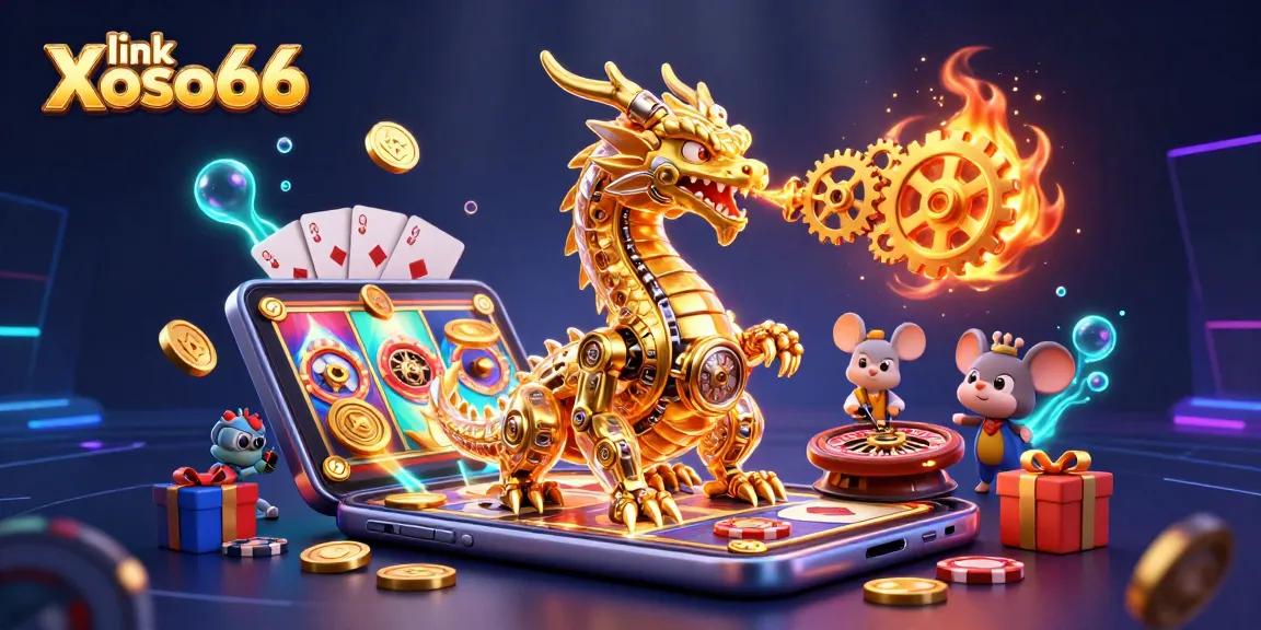 Experience thrilling gaming with link Xoso66 featuring a golden dragon breathing gears and vibrant casino elements.