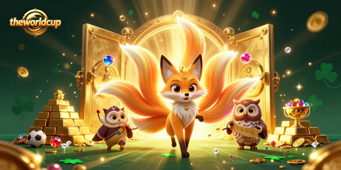 Engage with theworldcup as a glowing nine-tailed fox spirit celebrates sports betting in a treasure-filled scene.