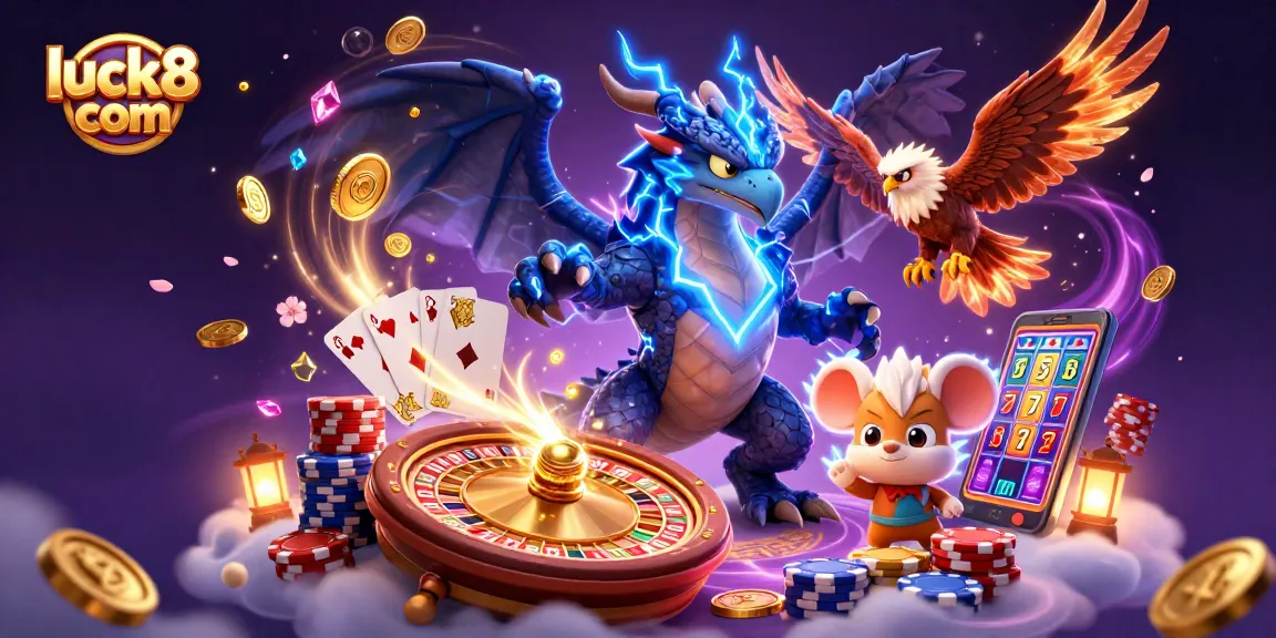 Win big at luck8 com with electric dragon and dynamic casino elements in an engaging illustration.