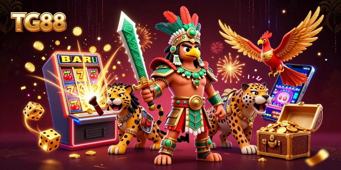 Spin the slots at TG88 under a vibrant, energetic scene filled with jackpots and warriors.