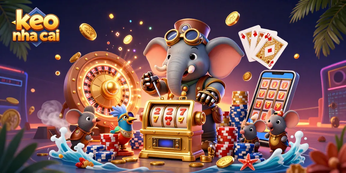 Experience the thrill of keo nha cai as a steampunk elephant operates a golden slot machine amidst sparkling gems.