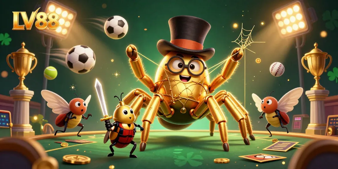 LV88 showcases a vibrant online casino scene with a brave beetle knight and golden tarantula.