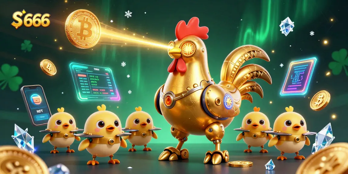 Experience thrilling action with S 666 as the golden rooster robot and baby chick drones illuminate the crypto casino.